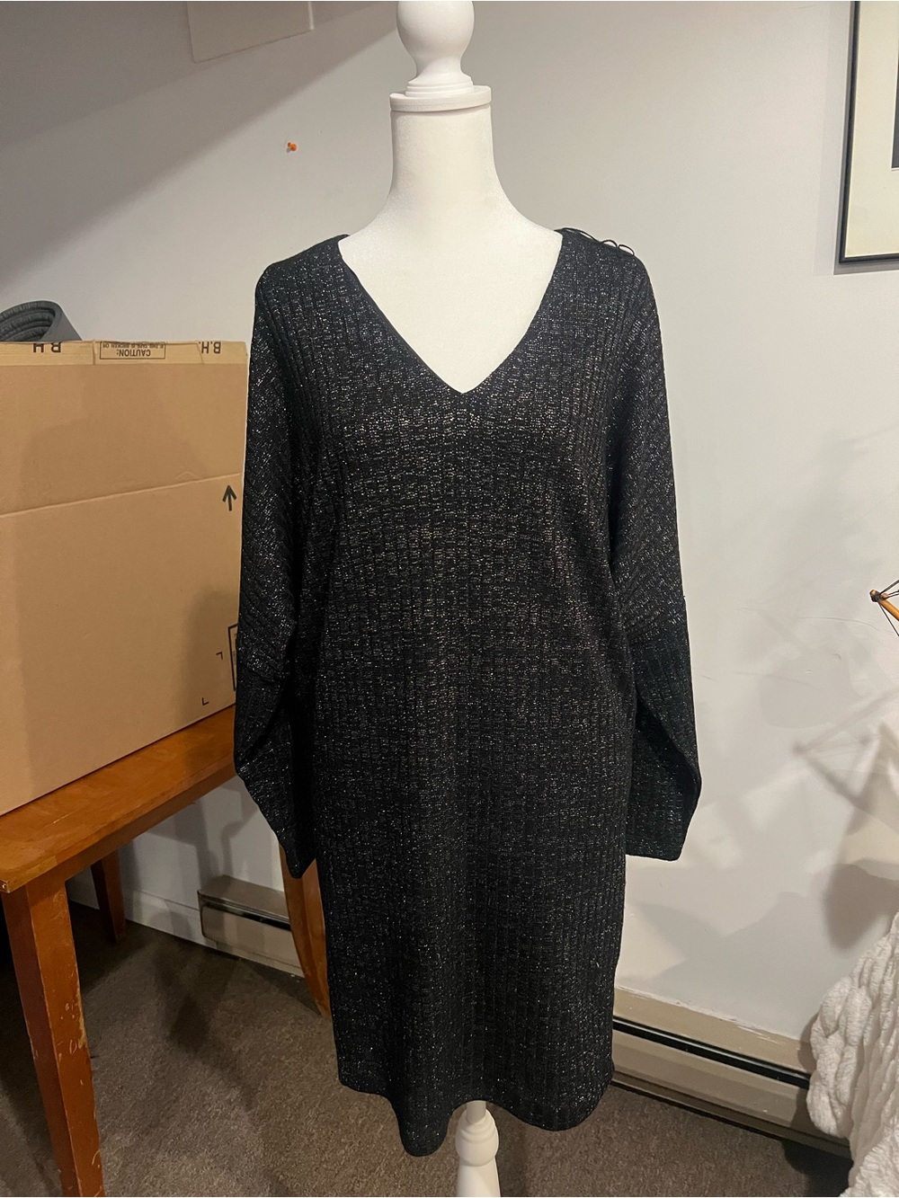 Adrianna Papell Black Metallic Knit V-Neck Midi Dress